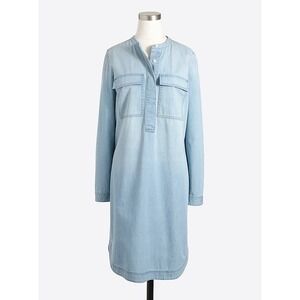 J Crew Chambray Denim Shirt Dress Band Collar Pockets Long Sleeve Midi Womens M